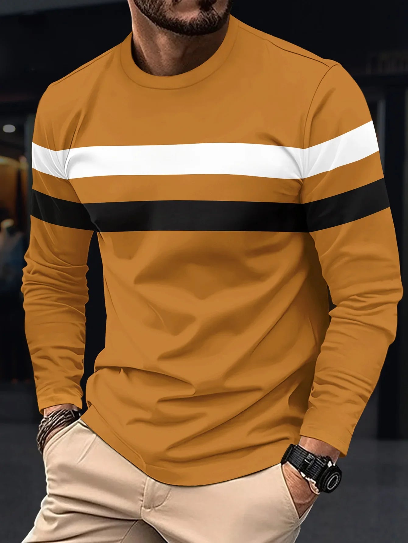 2024 Spring/Summer New Men's Fashion Long Sleeve Splicing Round Neck Breathable T-shirt Business Lightweight Casual Base Top