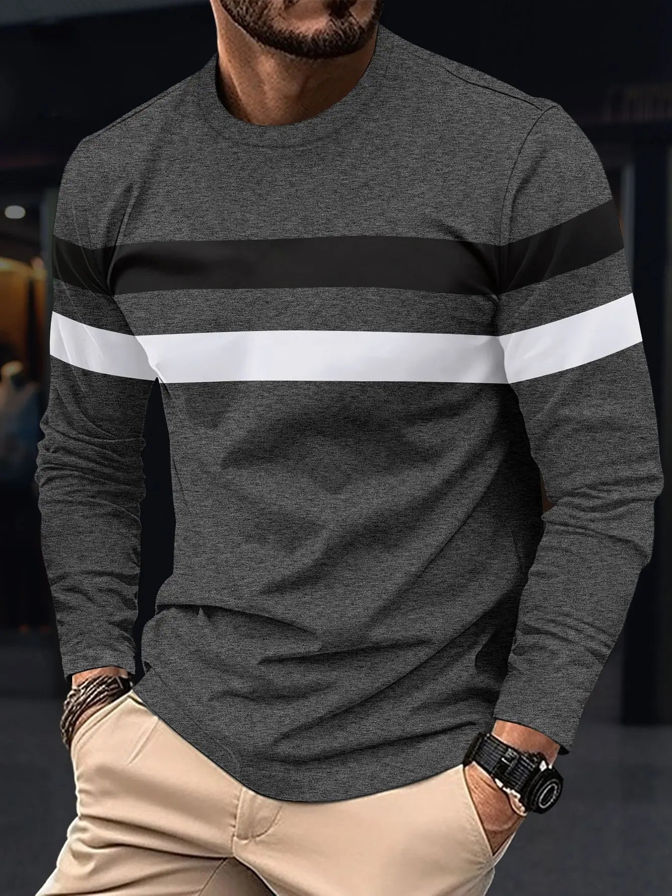 2024 Spring/Summer New Men's Fashion Long Sleeve Splicing Round Neck Breathable T-shirt Business Lightweight Casual Base Top