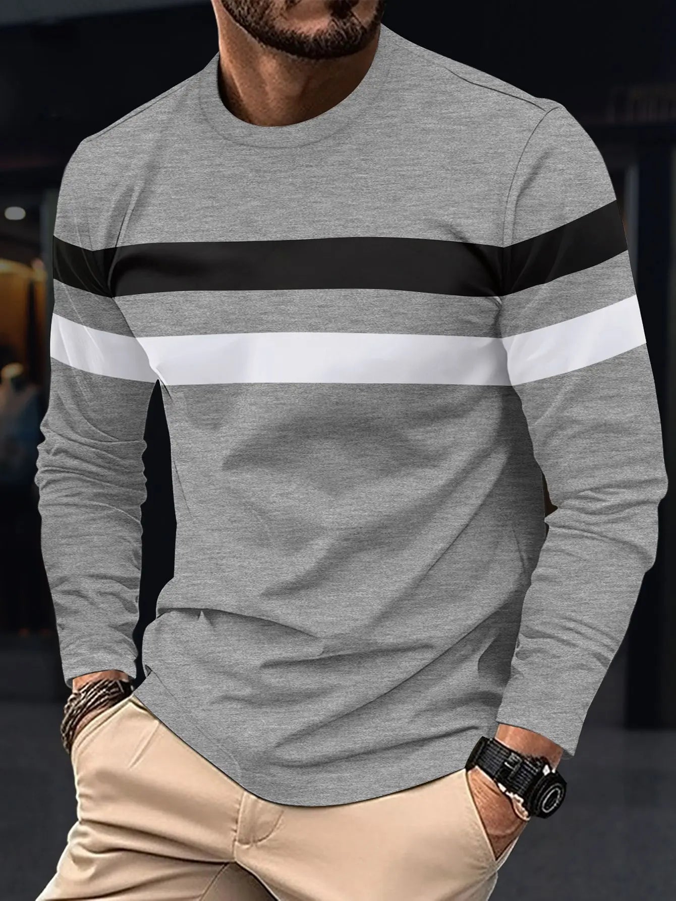 2024 Spring/Summer New Men's Fashion Long Sleeve Splicing Round Neck Breathable T-shirt Business Lightweight Casual Base Top