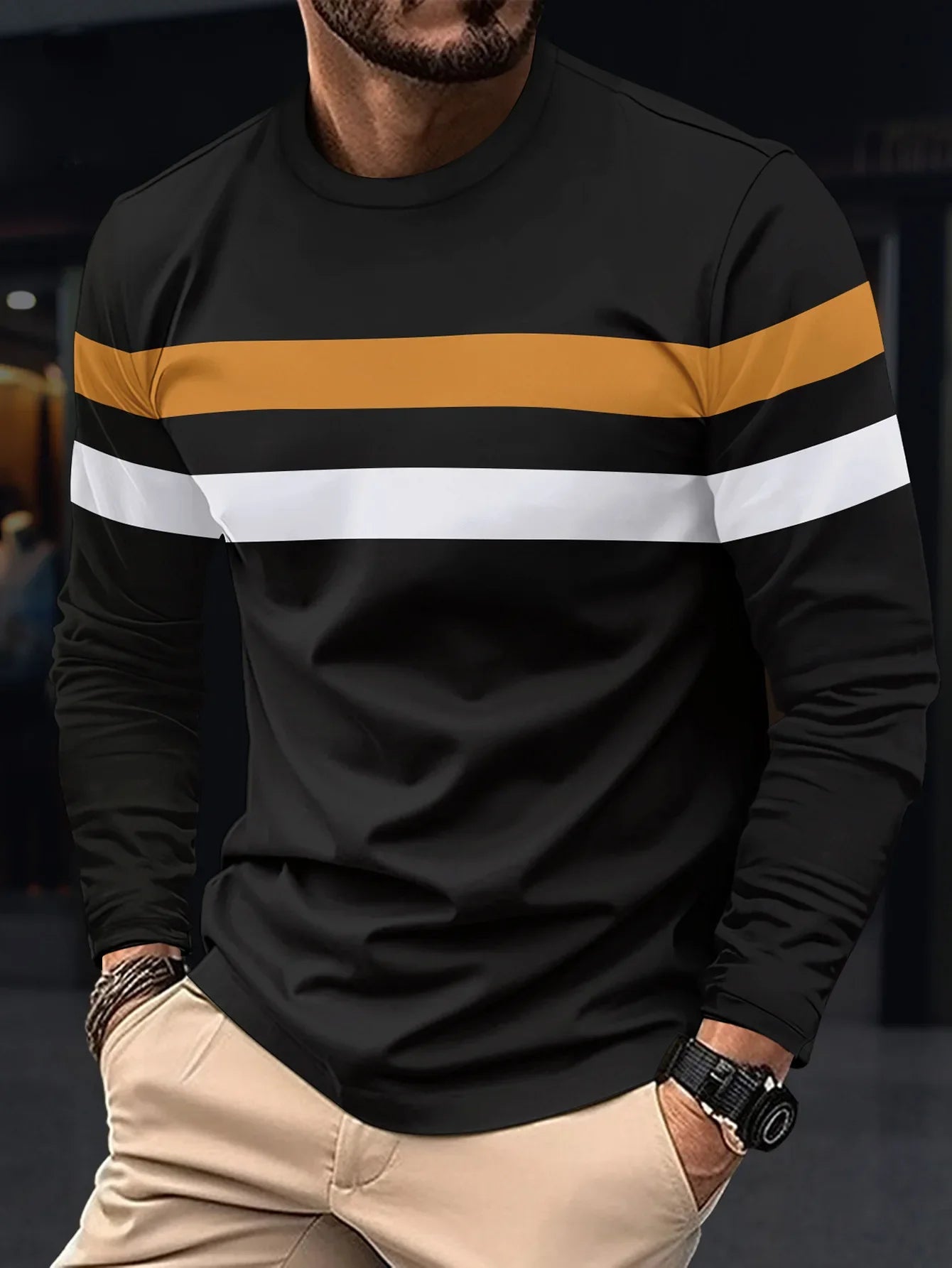 2024 Spring/Summer New Men's Fashion Long Sleeve Splicing Round Neck Breathable T-shirt Business Lightweight Casual Base Top