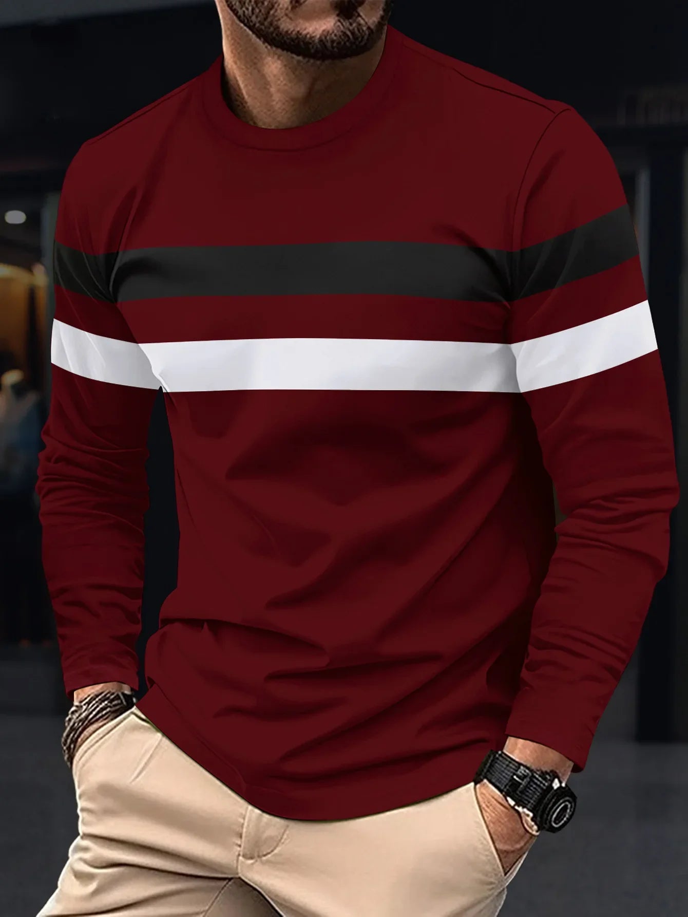 2024 Spring/Summer New Men's Fashion Long Sleeve Splicing Round Neck Breathable T-shirt Business Lightweight Casual Base Top