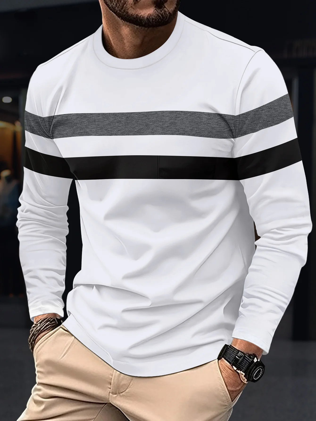 2024 Spring/Summer New Men's Fashion Long Sleeve Splicing Round Neck Breathable T-shirt Business Lightweight Casual Base Top